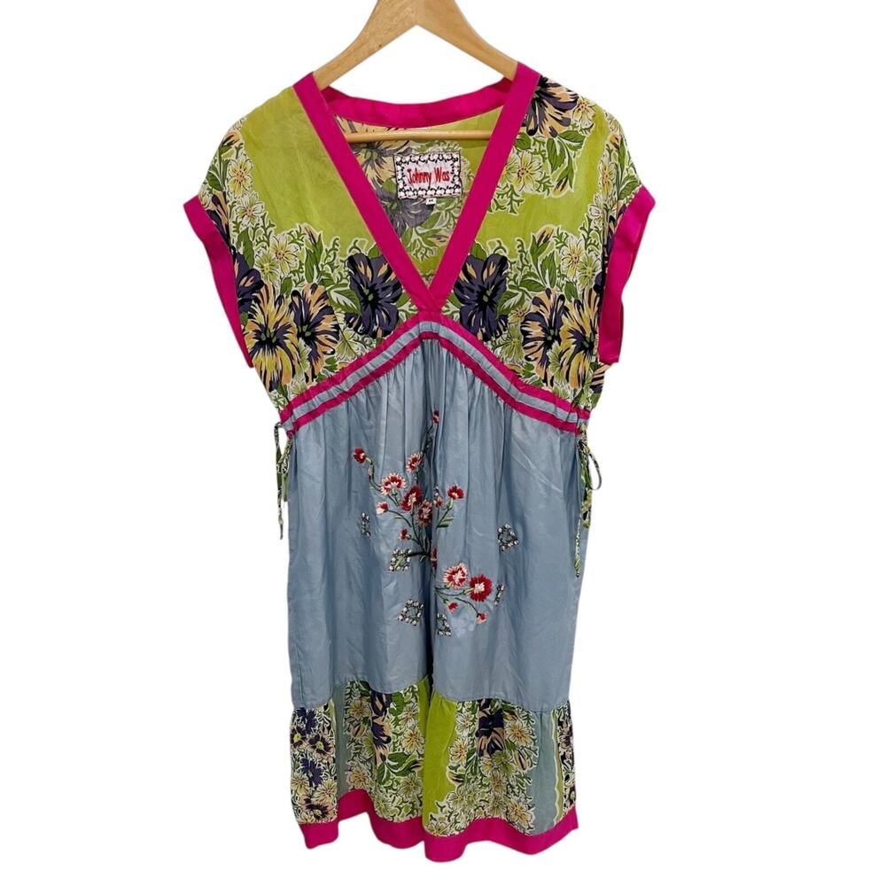 Johnny Was Green Pink Blue Floral Mini Dress                  (with no pull tie)